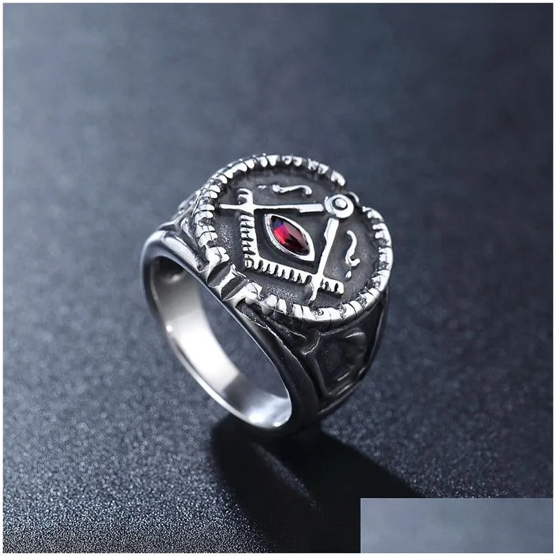 new arrival men retro black masonic freemason signet rings stainless steel antique punk fraternal mason red ruby ring jewelry with smile sun and