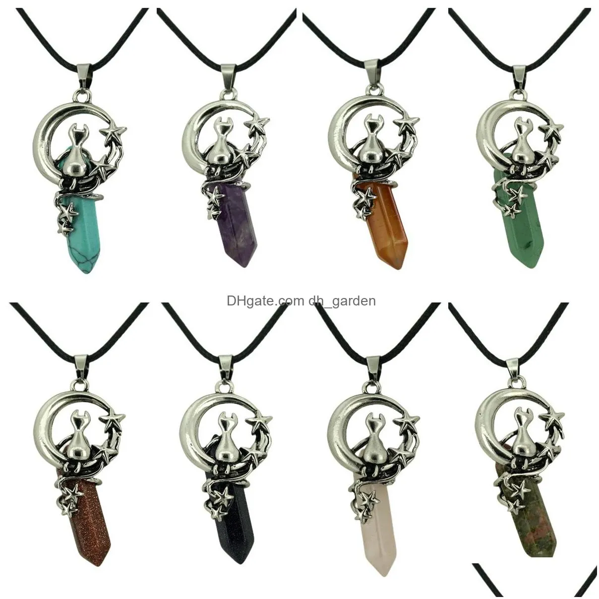 wholesale pendant necklace fashionable various hexagonal crystal gemstone with alloy star moon cat necklace