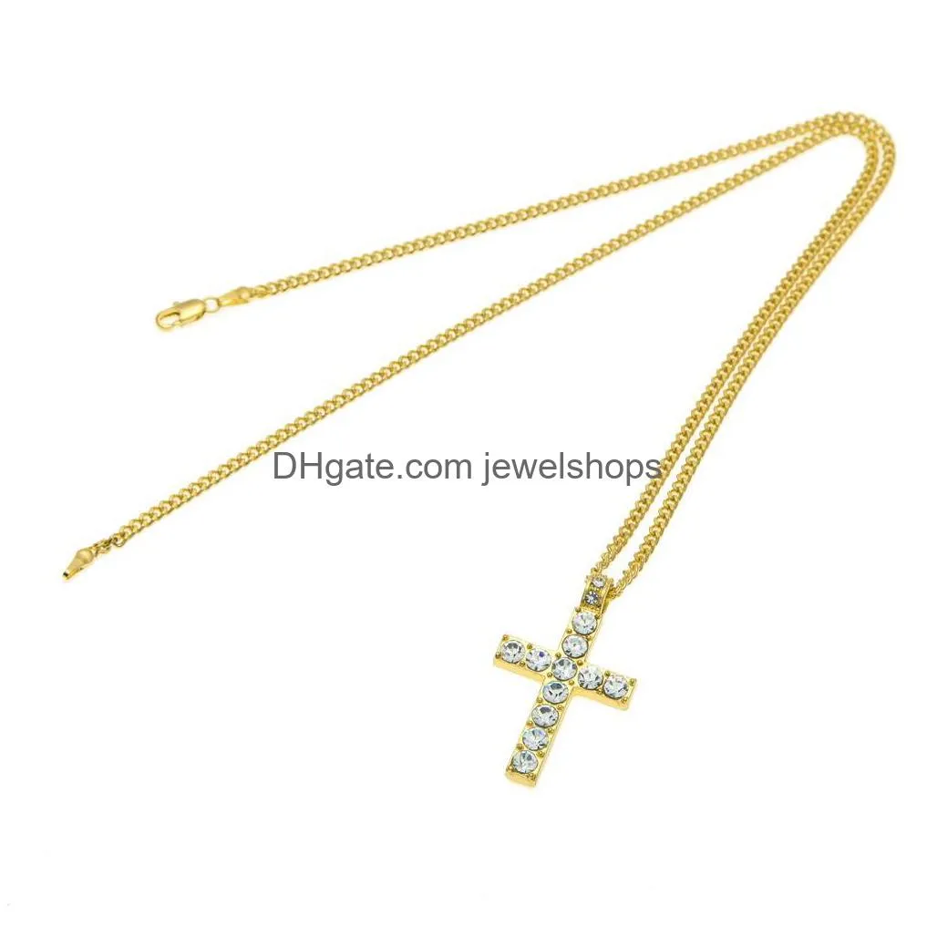 hip hop iced out cross pendant necklace crystal rhinestone religion jesus crucifix charm gold silver cuban link chain for men s