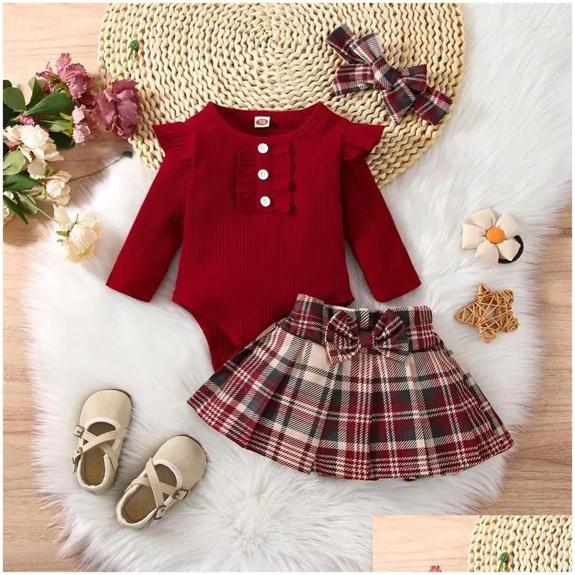 Clothing Sets 3Pcs Baby Girls Clothes Fall Outfit Ribbed Long Sleeve Romper Plaid Pleated Skirt Headband Set For Toddlers 0-18 Months