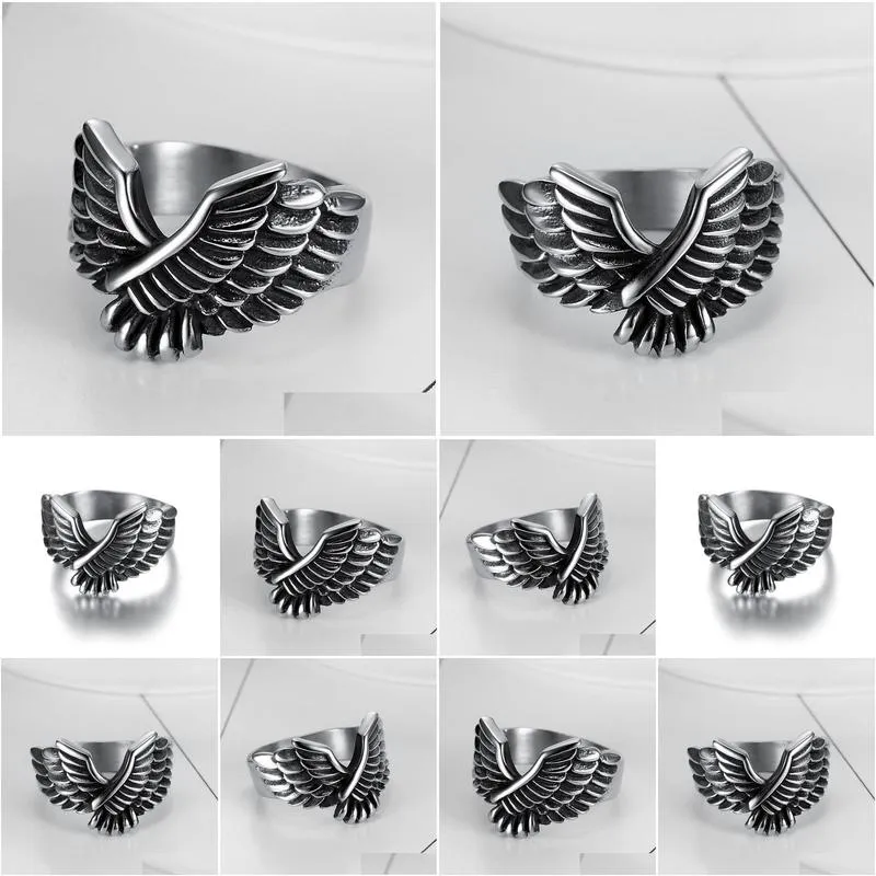 stainless steel flying wings gothic punk  feather men`s ring high quality fashion animal birds antique jewelry