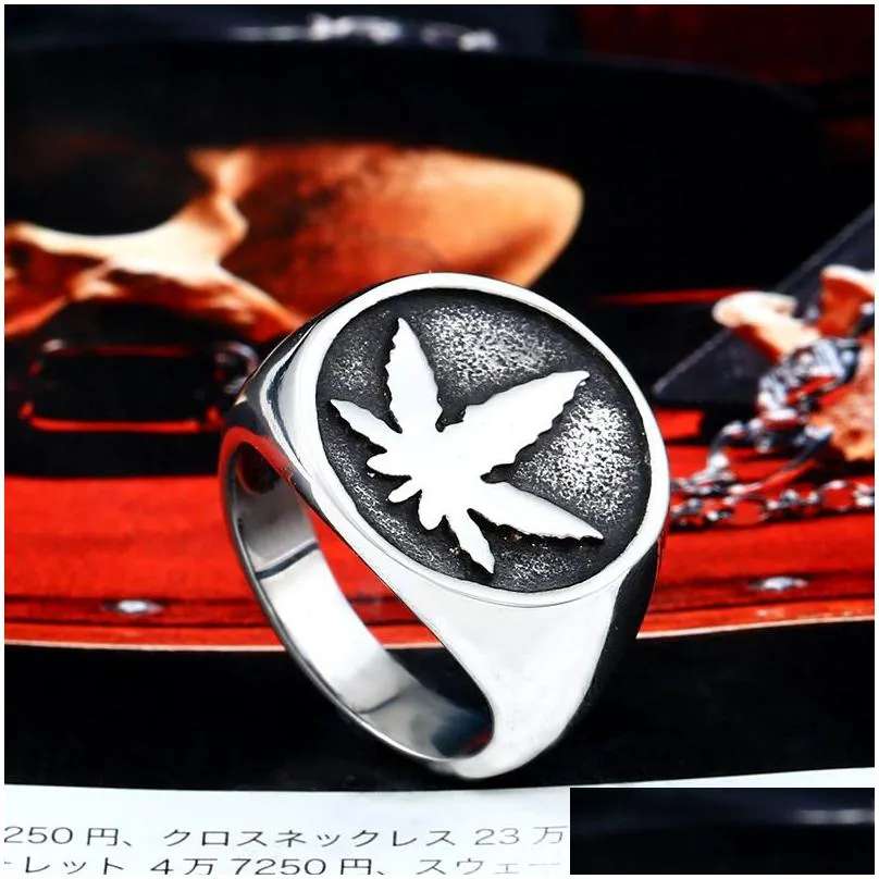 stainless steel retro antique silver maple leaf rings ancient punk gothic hip hop biker plant leaves jewelry high polishing