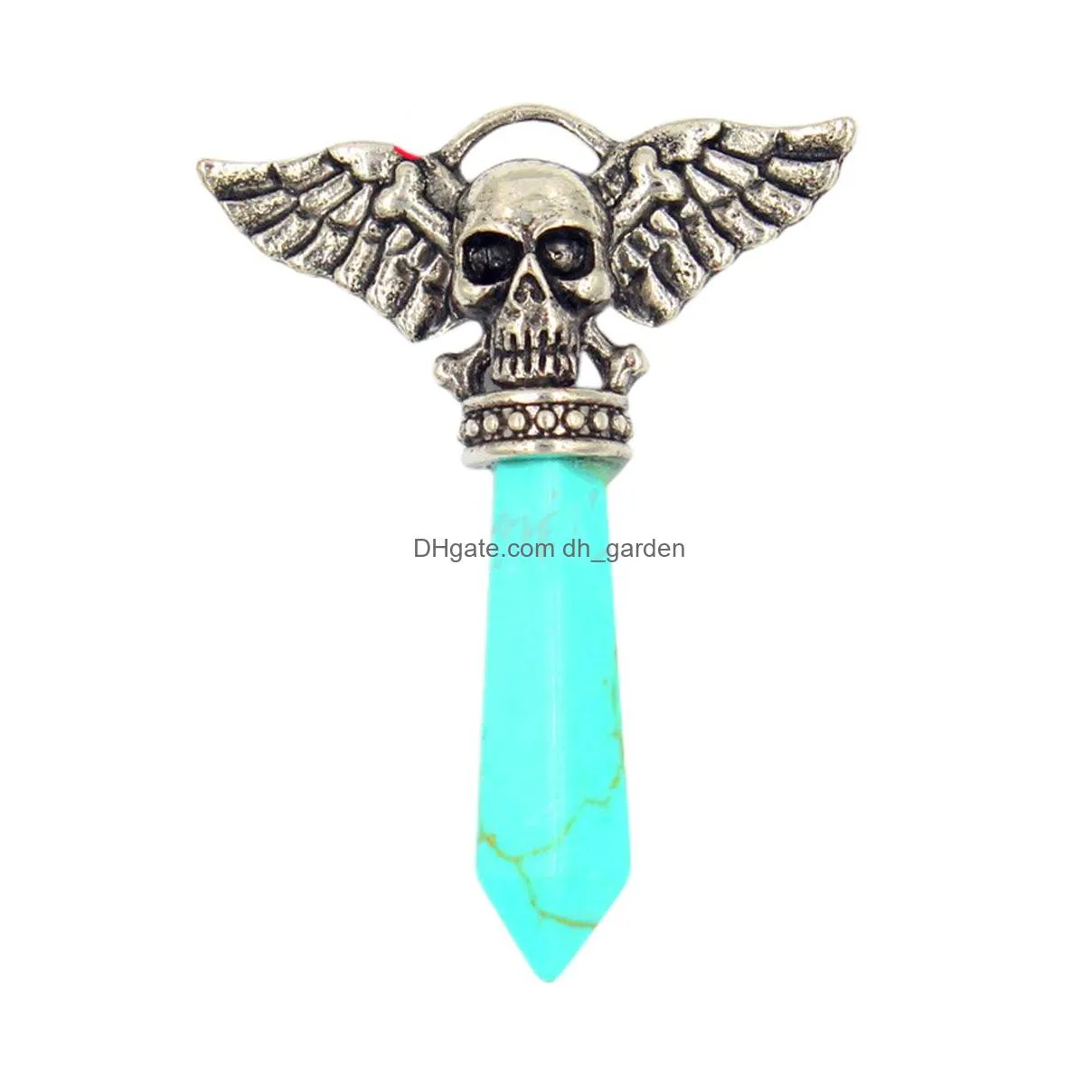 fashion skull wings pendant hexagonal vintage column natural healing crystal gemstone for jewelry making