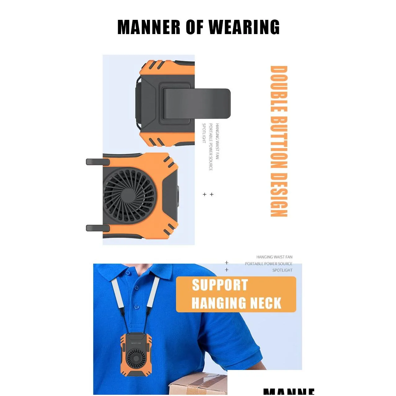 Portable Cooling Clip Waist Fan Multi-function Neck Fan With Strong Flashlight Power bank 5000mAh phone charge Wearable Mouned NeckFan Wind