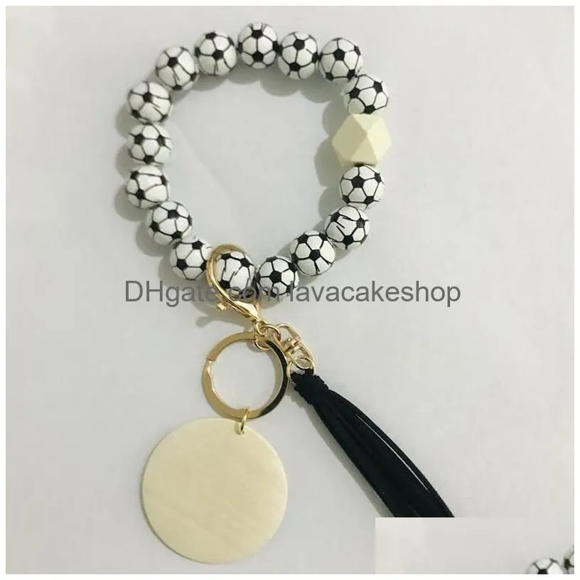 sports ball beaded bracelet keychain tassel keychains pendant creative football basketball baseball wooden bead bracelets 0213