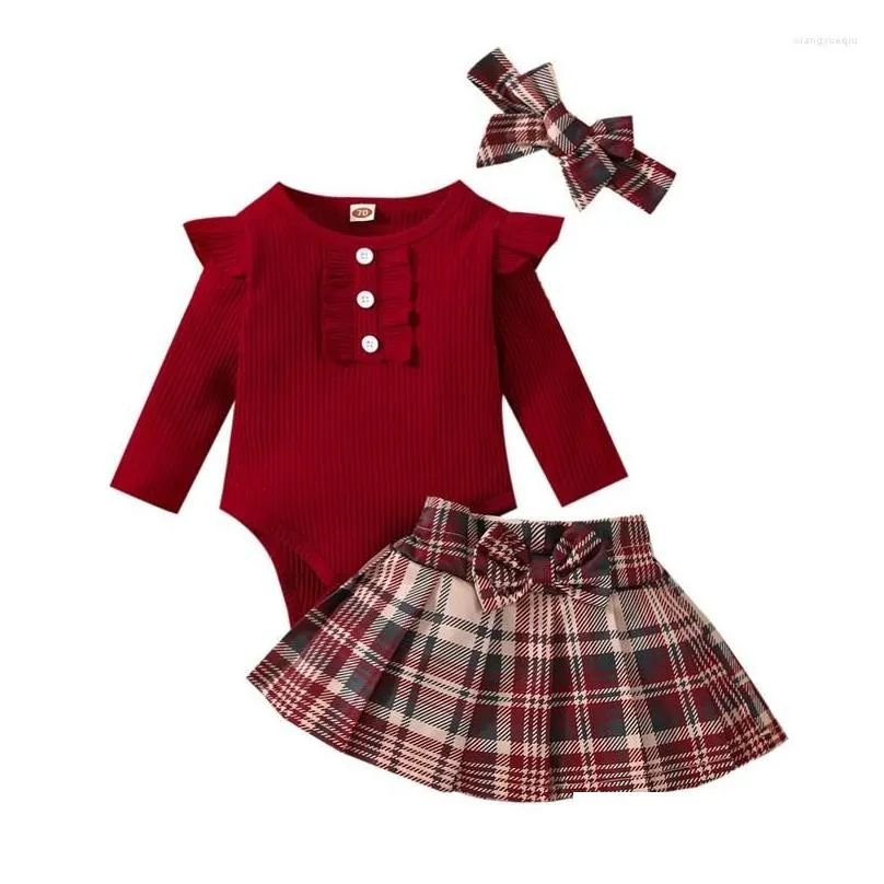 Clothing Sets 3Pcs Baby Girls Clothes Fall Outfit Ribbed Long Sleeve Romper Plaid Pleated Skirt Headband Set For Toddlers 0-18 Months