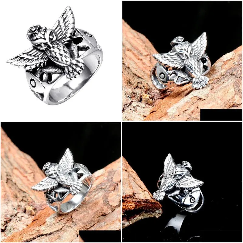 fashion 316 stainless steel gothic punk animal  owl bird ring retro antique men`s rock biker rings jewelry