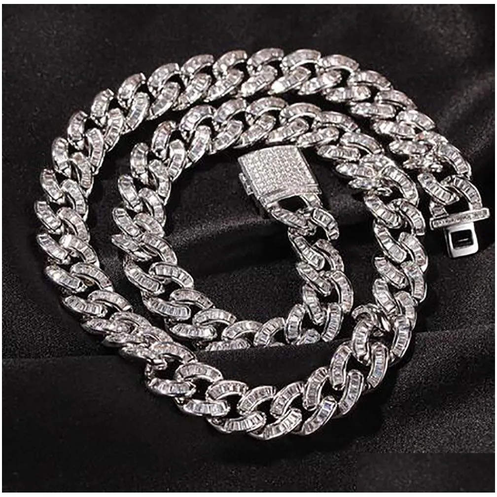 10mm baguette cuban link chain &bracelet mens white gold iced diamond cubic zircon choker necklace hip hop jewelry 7-22inch