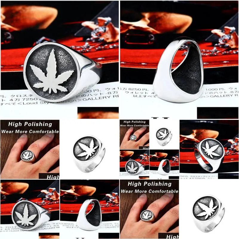 stainless steel retro antique silver maple leaf rings ancient punk gothic hip hop biker plant leaves jewelry high polishing