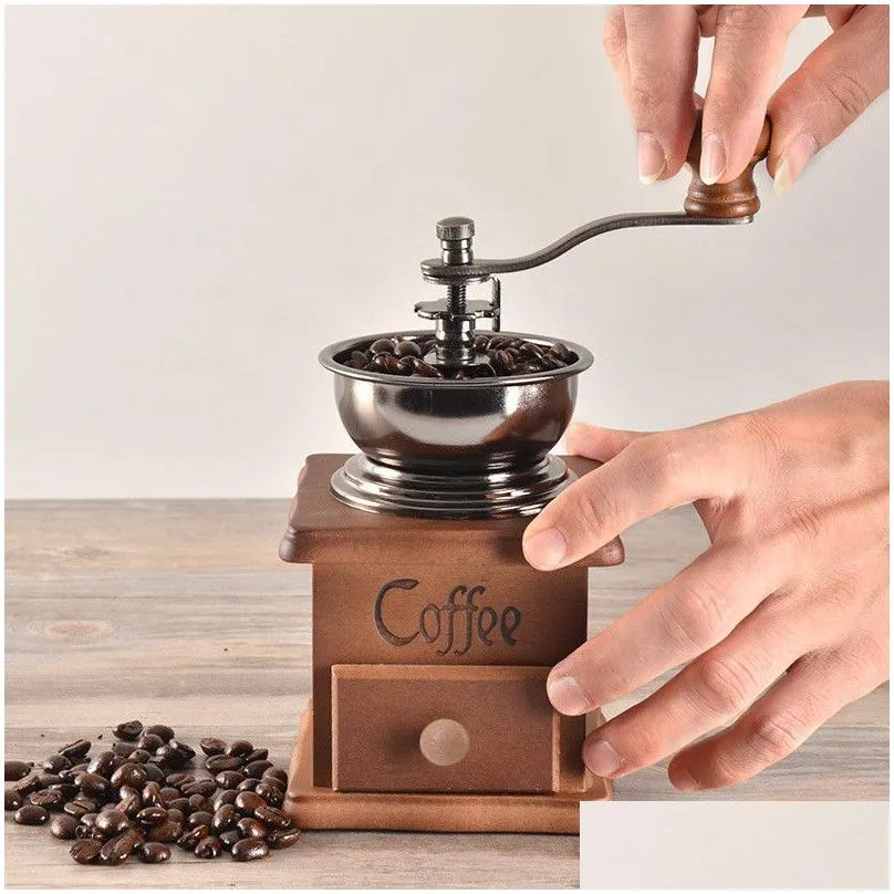 classical wooden manual coffee grinder stainless steel retro coffee spice mini burr mill with highquality ceramic millstone