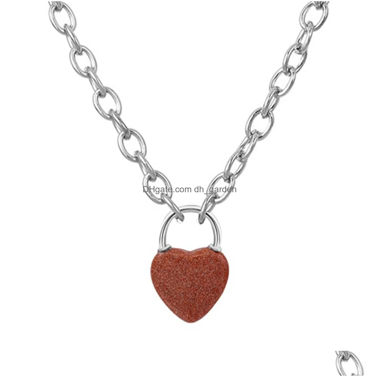 good quality natural crystal gemstone love heart lock charm pendant necklace with alloy chain for men and women
