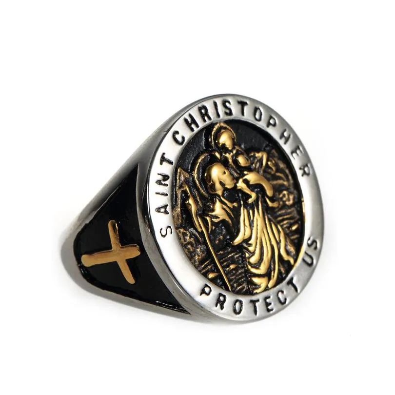 stainless steel vintage religious bible exorcism cross rings gothic christopher protect us virgin protector rings biker punk jewelry