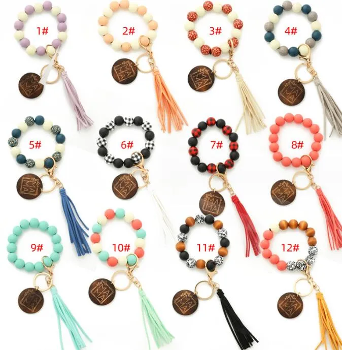 Mother`s Day Letters Printing Wooden Silicone Bead Bracelet keychain Fashion Cnady Color Leopard Wristlet Beads Womens Bracelet Keychains 12 colors Good