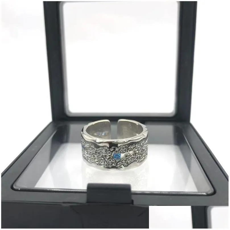 men women`s textured cluster nugget ring diamond cutting deposited iced baguette couple band rings jewelry with blue stone