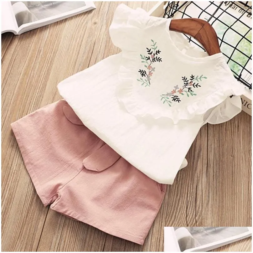 Clothing Sets Kids Summer Sleeveless Floral Print T-shirt+Pure Color Shorts 2Pcs For Girls Baby Clothes Outfits