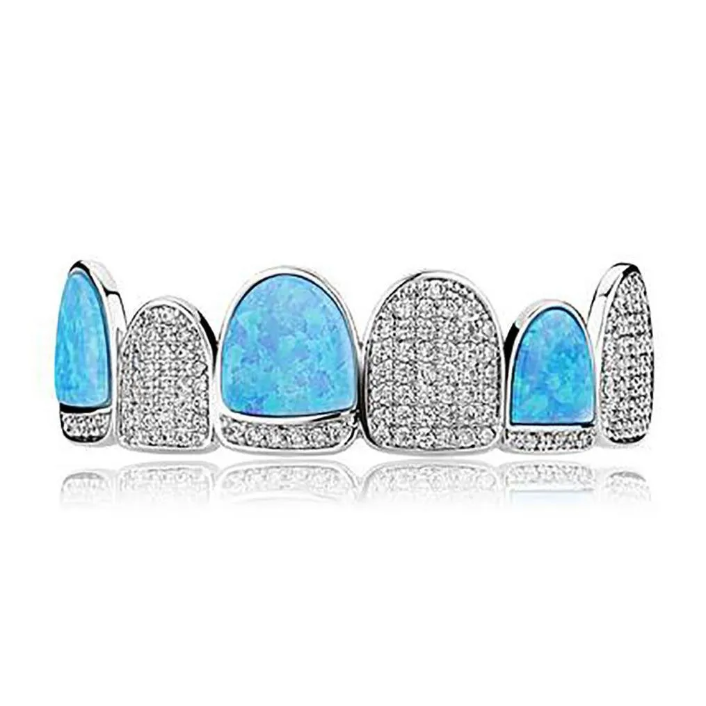 iced out cz lab diamond aquamarine zircon grillz teeth shark vampire 14k gold plated 6 fangtop and bottom grills for men hip hop rapper cosplay