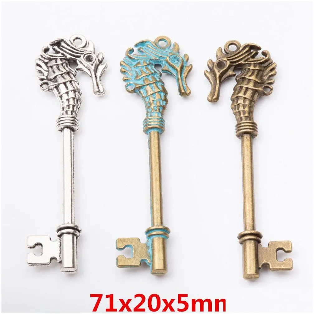 20pcs 71*20MM Vintage silver blue zinc plated seahorse key charms antique bronze key pendants for bracelet earring diy jewelry