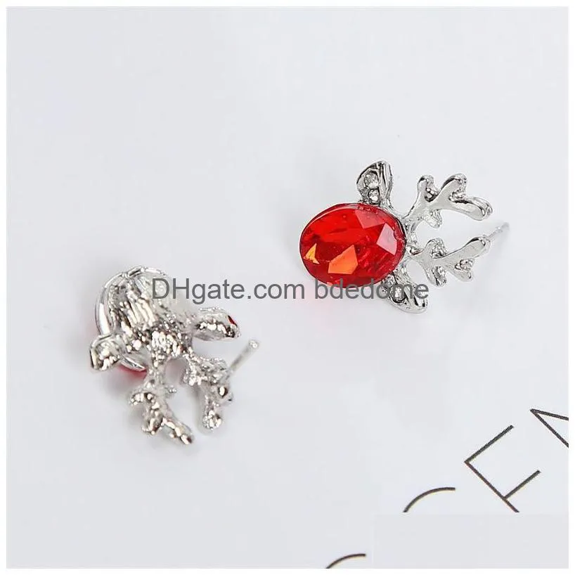 luxury crystal antlers stud earrings for women christmas reindeer elk animal rhinestone silver earrings girls fashion jewelry gift