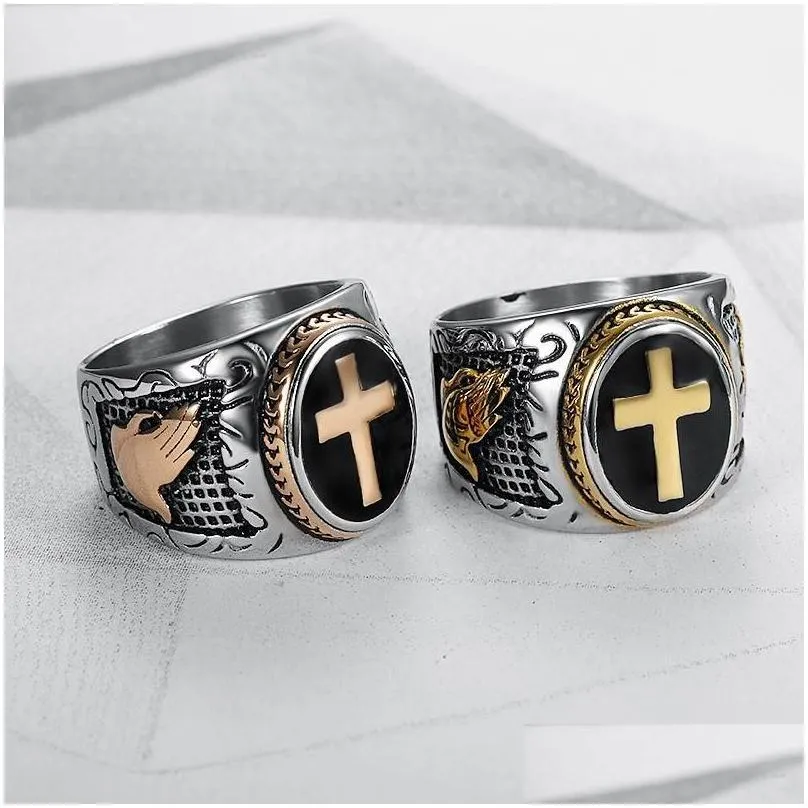 stainless steel christianity the praying hands cross ring virgin mary christian religion men`s rings folded hands in praye