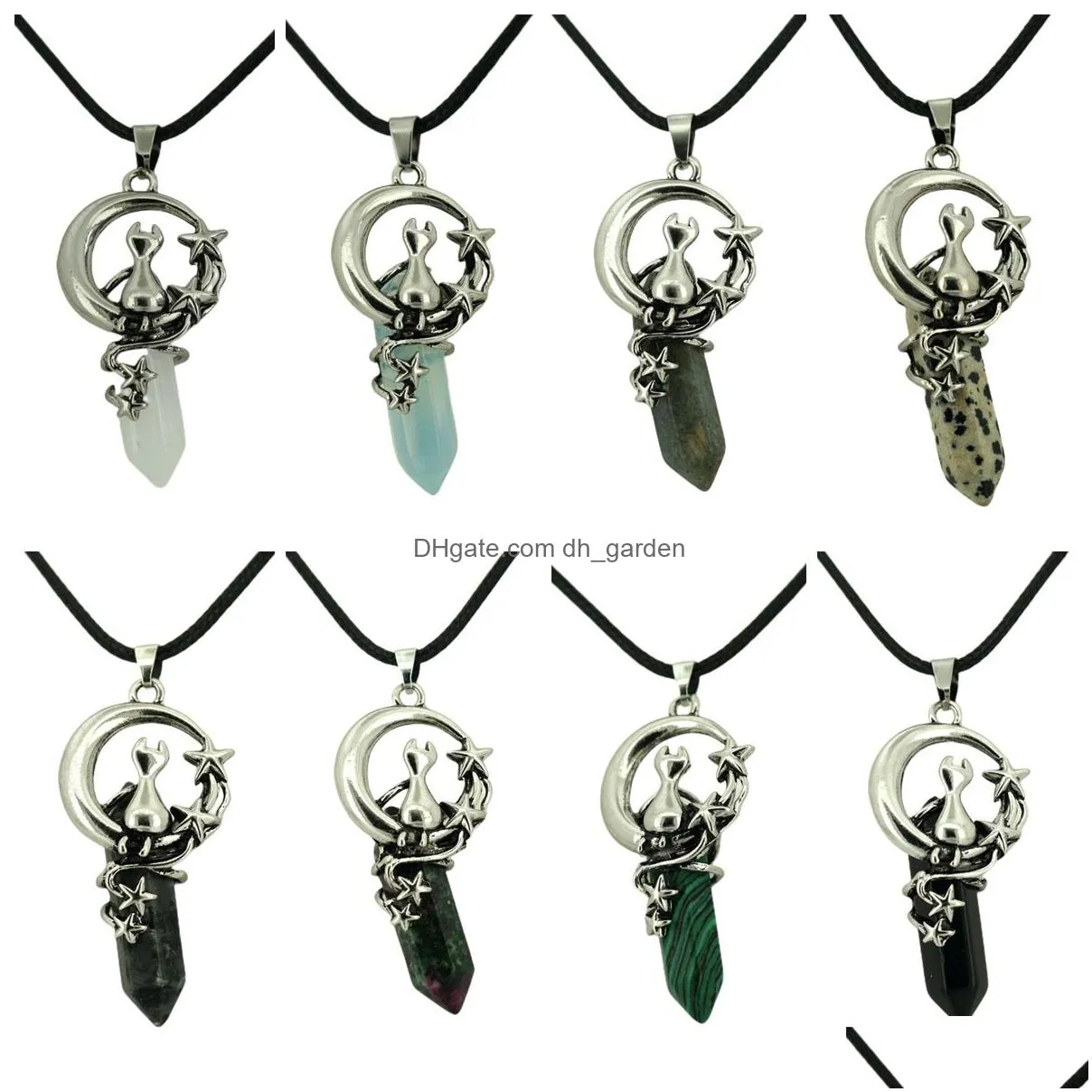 wholesale pendant necklace fashionable various hexagonal crystal gemstone with alloy star moon cat necklace
