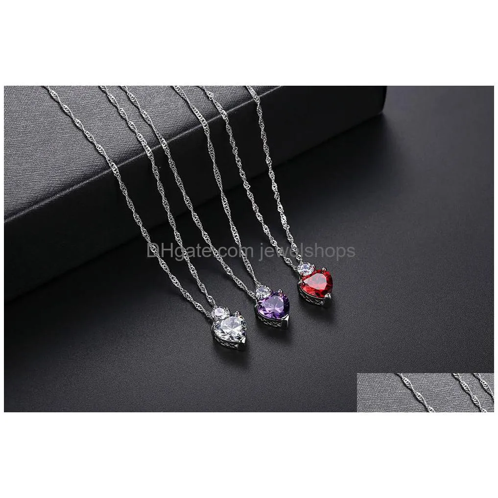high quality cz heart necklace stud earrings sets crystal rhinestone love pendant charm sterling silver chain for women fashion