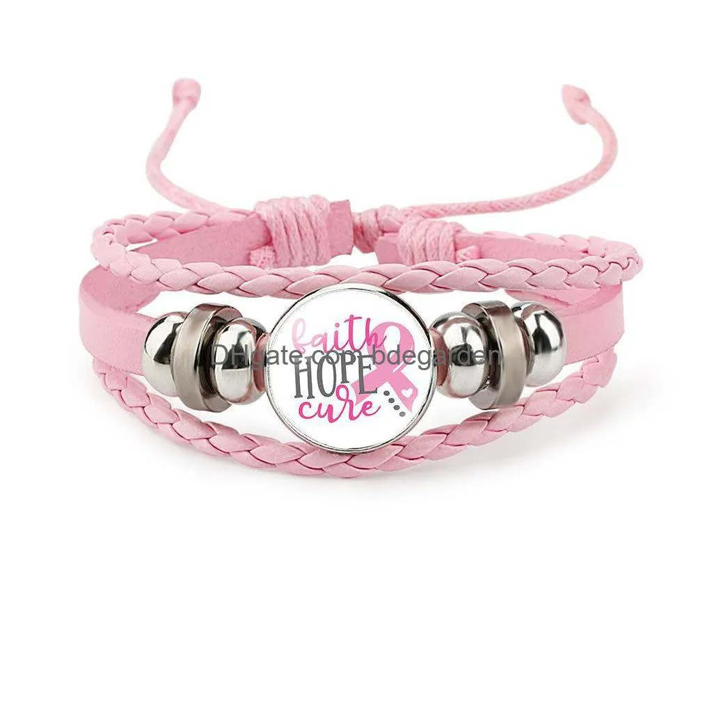 breast cancer awareness pink ribbon charm bracelets for women walking the cure leather wrap bangle fashion believe hope faith jewelry