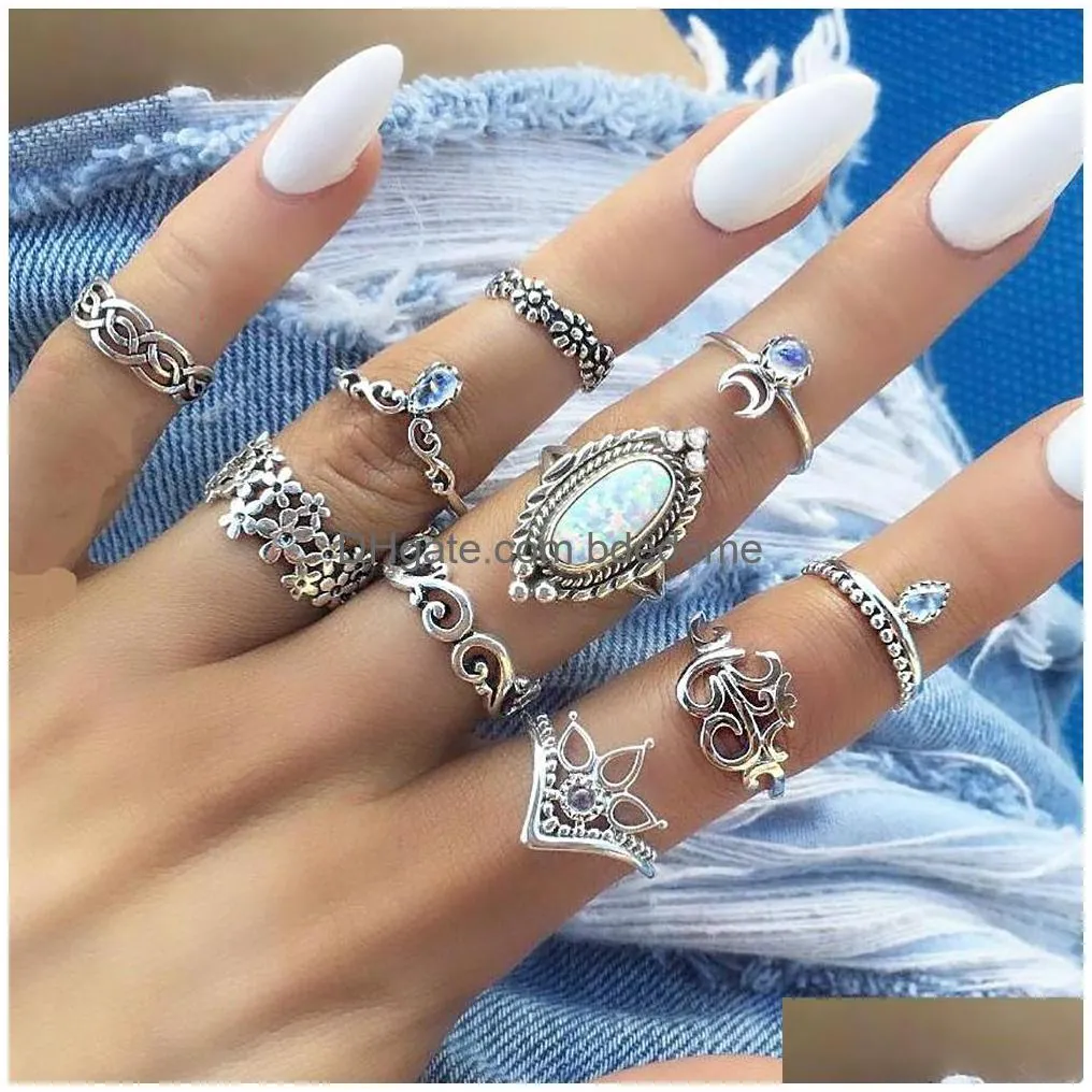 vintage bohemian midi finger rings set for women beach turtle elephant gemstone crystal wedding knuckle rings boho fashion jewelry in