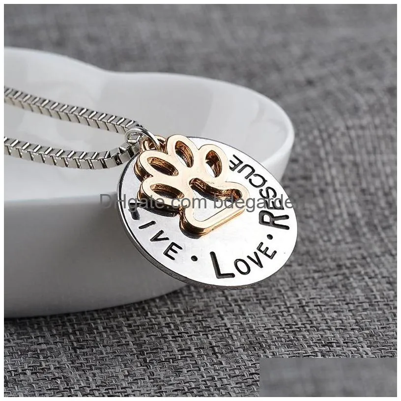 new cute live love rescue lettering pendant necklace animal cat dog paw print personalized necklace for women&men s fashion jewelry