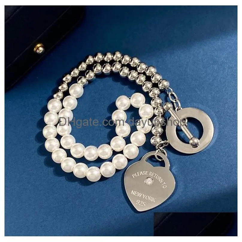 luxury letter love heart necklace bracelet stainless steel design ot button necklace double pearl steel bead diamond heart clavicle chain bracelet with