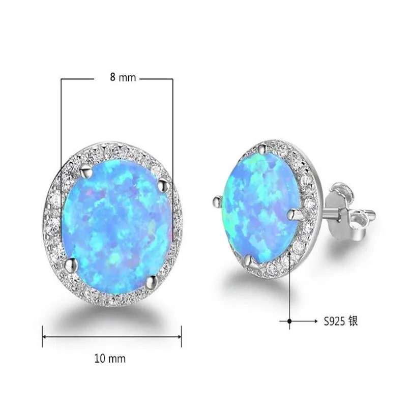 New Simple 925 Sterling Silver Stud Earrings Round Blue Fire Opal Earrings with Cubic Zirconia Wedding Jewelry Gift