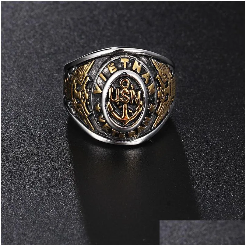 stainless steel american soldiers vietnam vet rings vintage retro black gold veteran cadre united states men`s usn military rings jewelry item