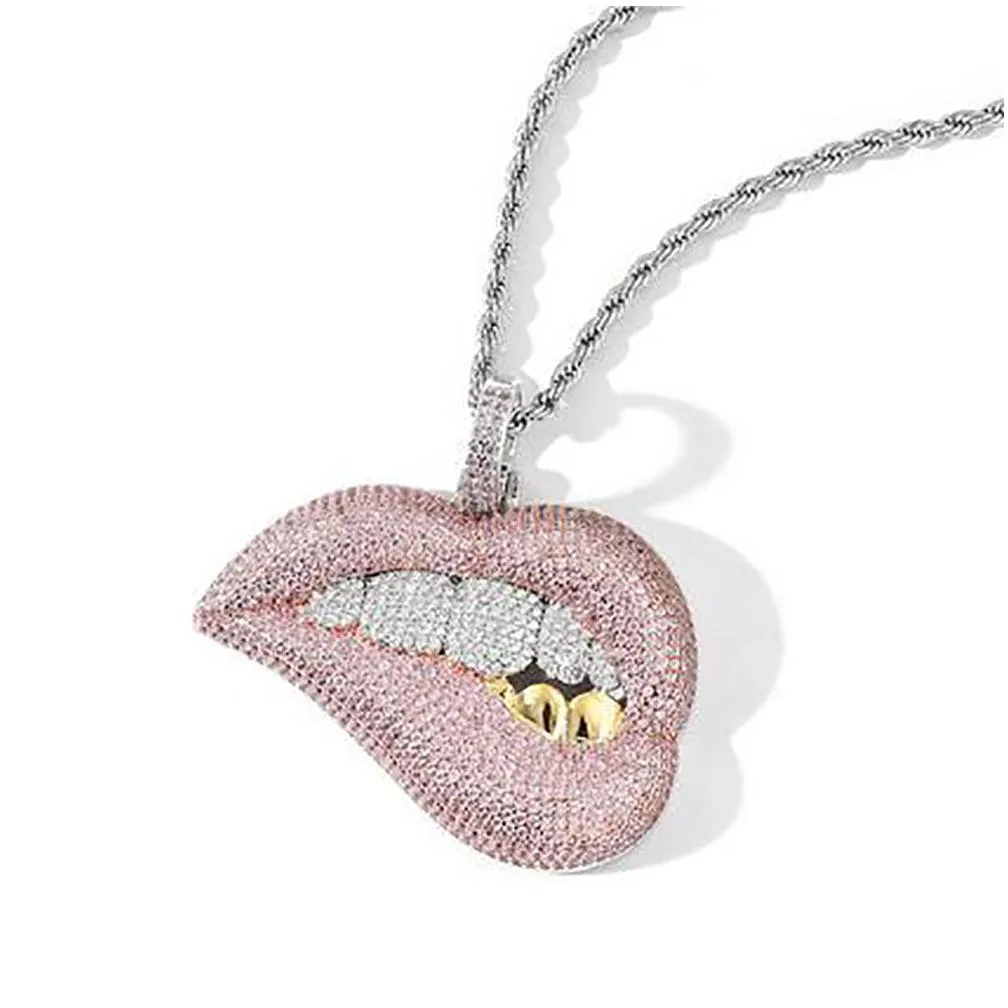 mens women iced out 14k zircon lips pink pendant necklace micro pave bling flashy charm hiphop jewelry whosales