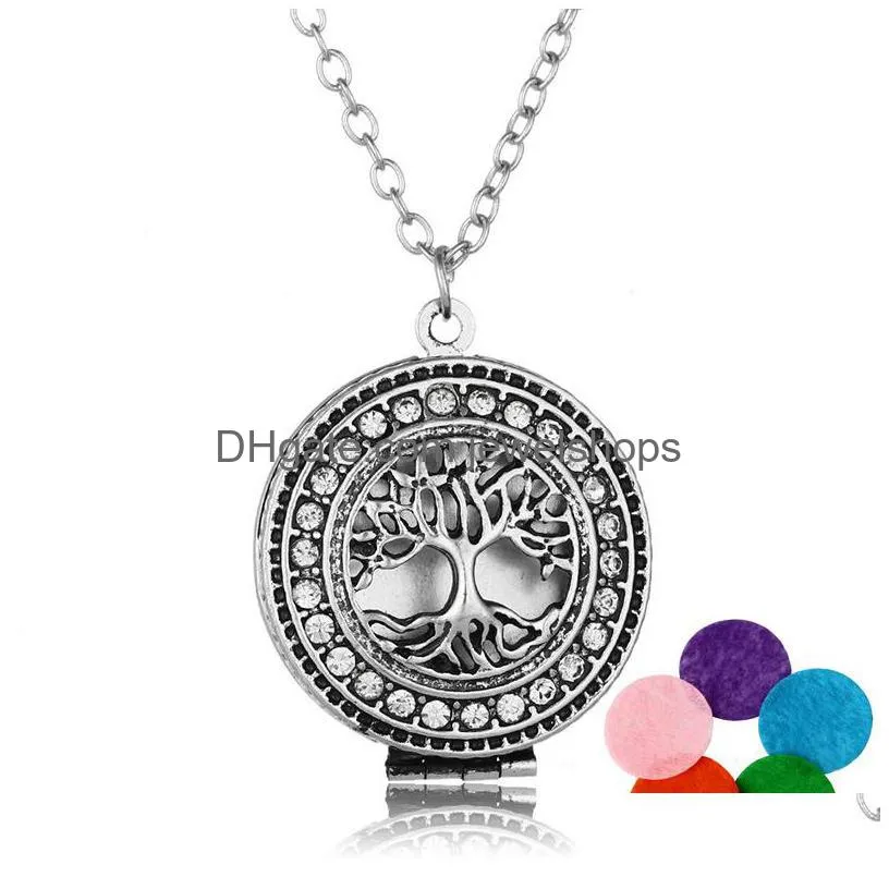 new arrival tree of life aromatherapy necklace crystal rhinestone locket pendant  oil diffuser necklaces for women fashion