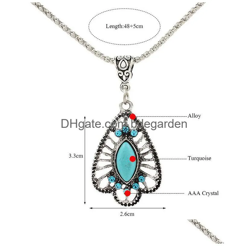 vintage turquoise necklaces square elephant heart leaves flower natural stone pendant long chains for women fashion jewelry gift