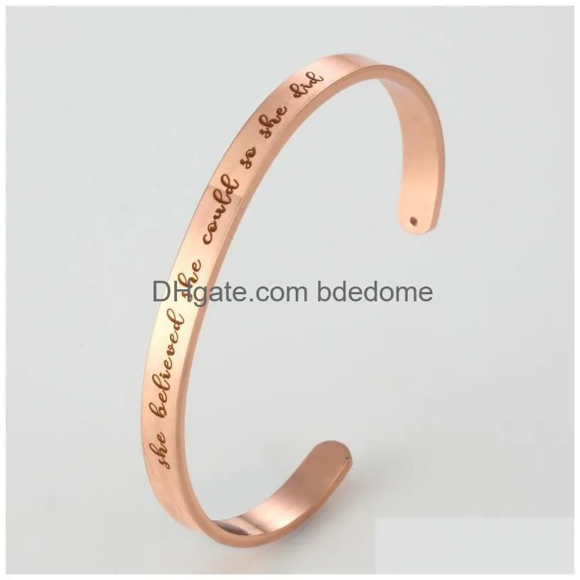stainless steel inspirational cuff bangle she believed she could so she did simple lettering word bracelets for women men fashion