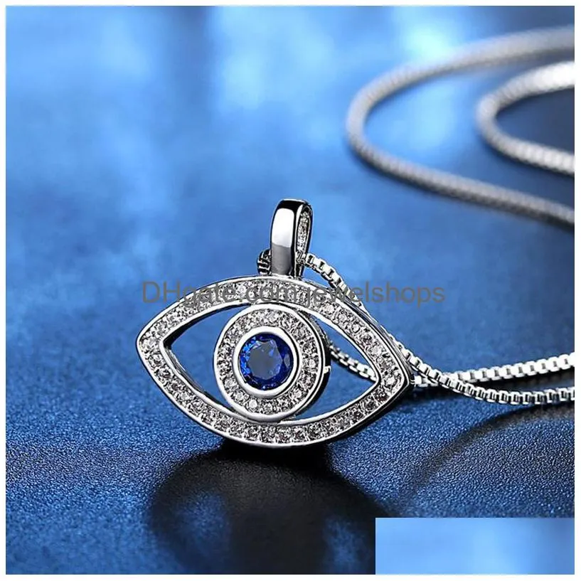 high quality blue evil eye necklace bling cubic zirconia cz pendant silver box chains necklaces for women fashion turkey jewelry gift