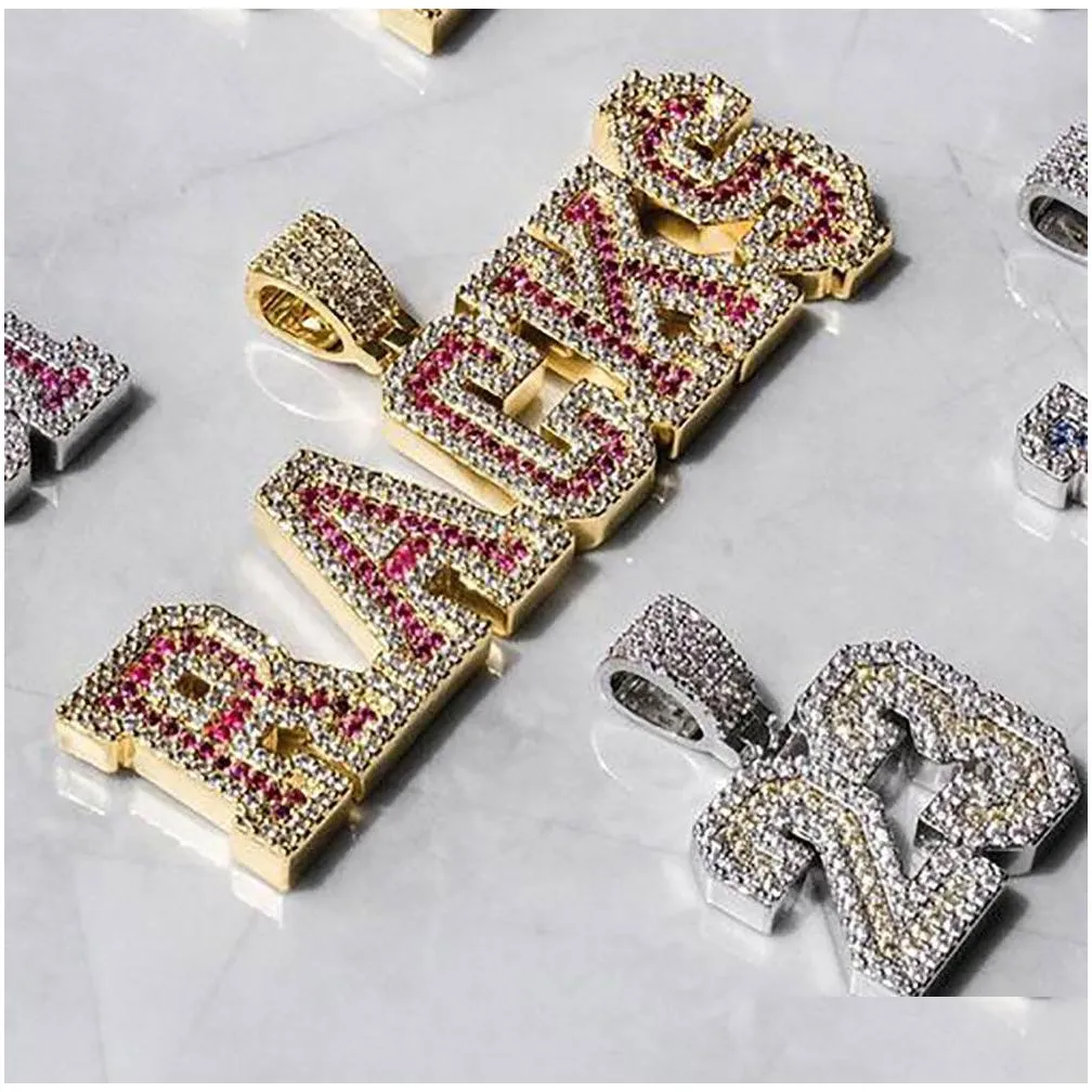 14k custom name letters pendant necklace blue/pink/red/yellow color cubic zirconia stones gold silver men women hiphop jewelry