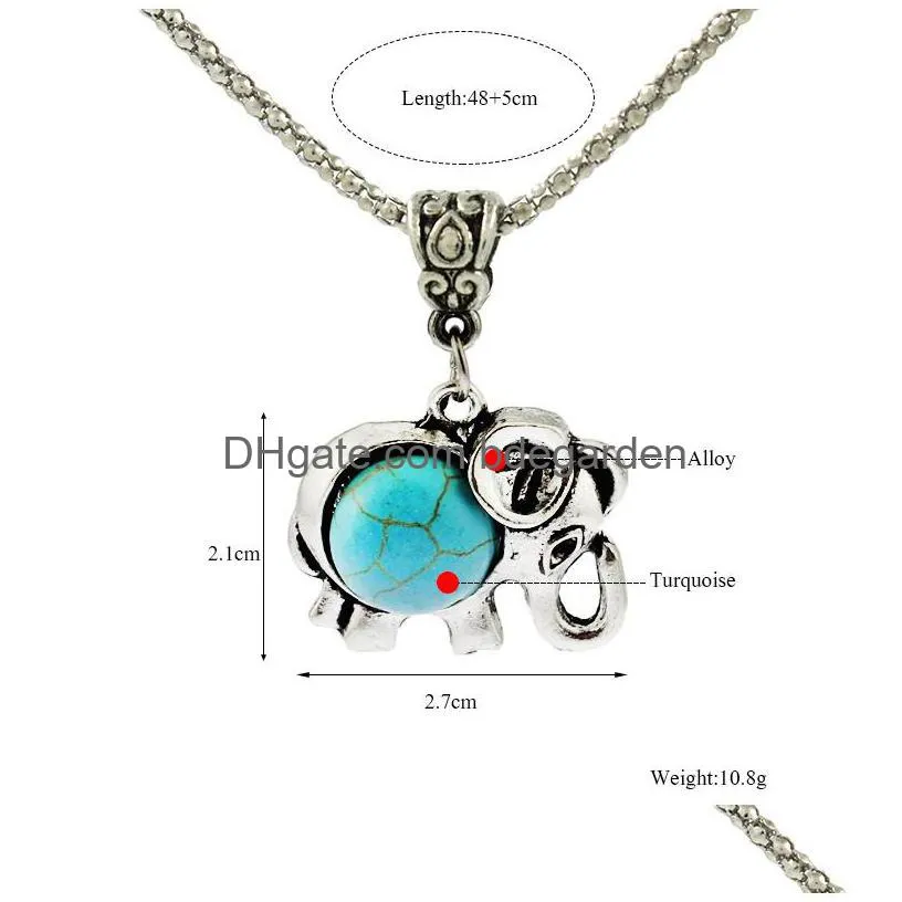 vintage turquoise necklaces square elephant heart leaves flower natural stone pendant long chains for women fashion jewelry gift