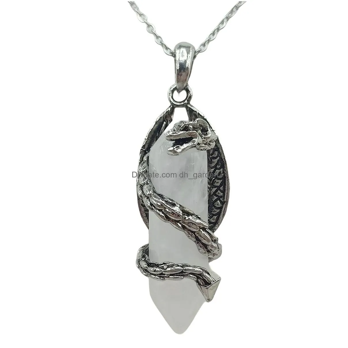 fashion silver alloy flying dragon wrapped hexagonal pillar crystal pendant necklace with chain vintage