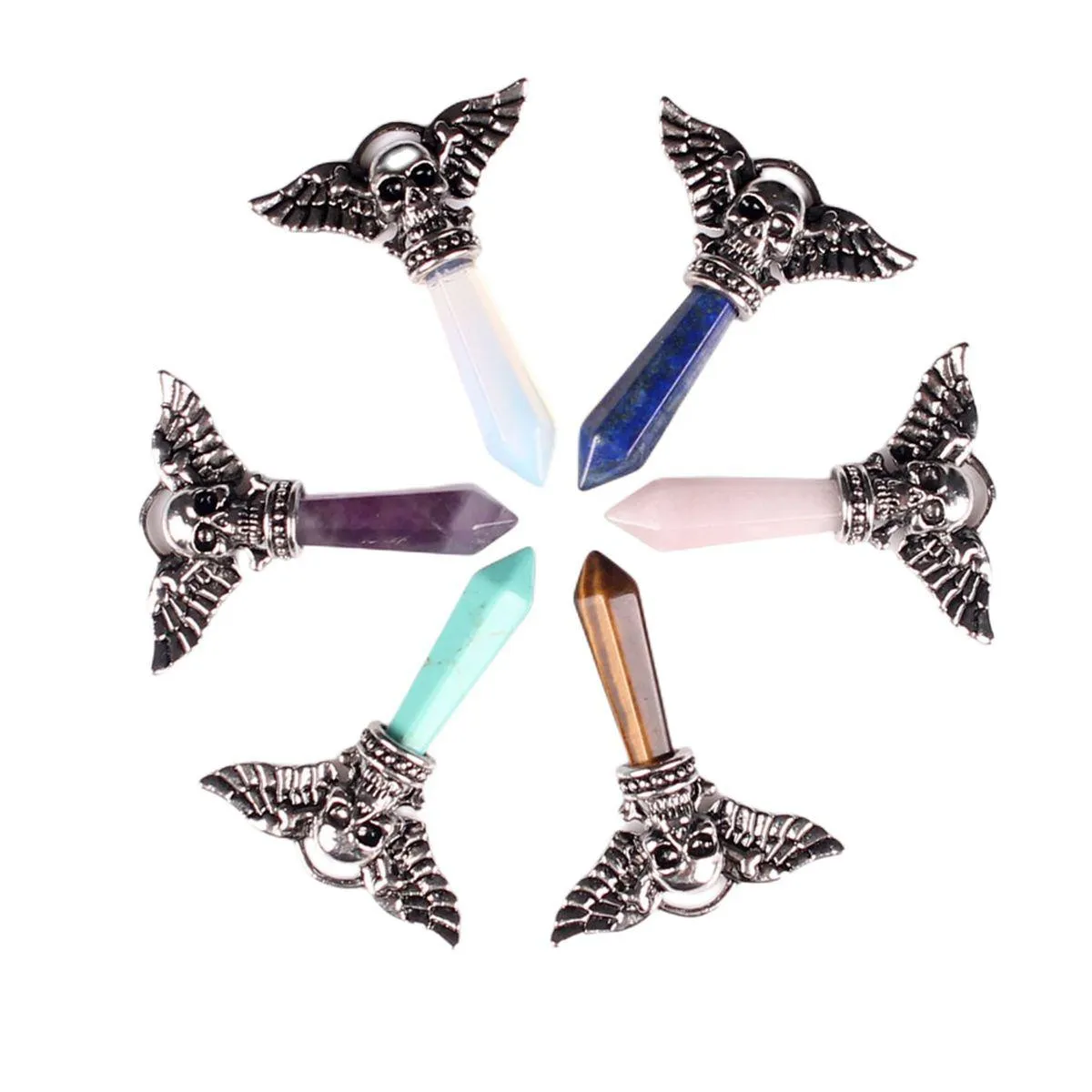 fashion skull wings pendant hexagonal vintage column natural healing crystal gemstone for jewelry making