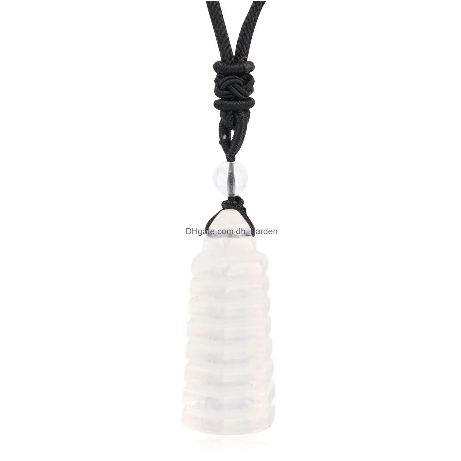 wholesale natural rose quartz crystal high quality hand carving folk crafts wenchang tower shape pendant necklace