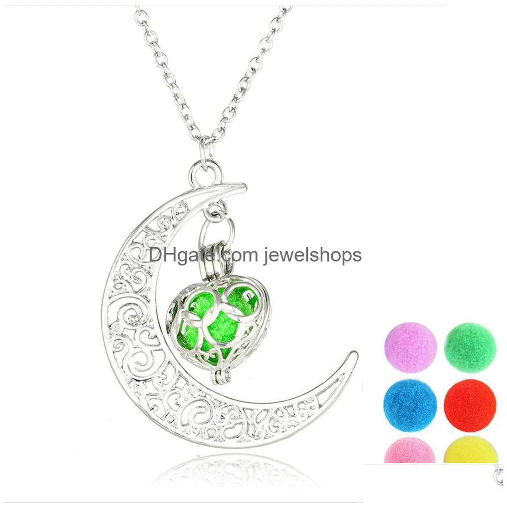 new heart shape  oil diffuser necklaces hollow floating aromatherapy locket pendant moon necklace for women fashion diy