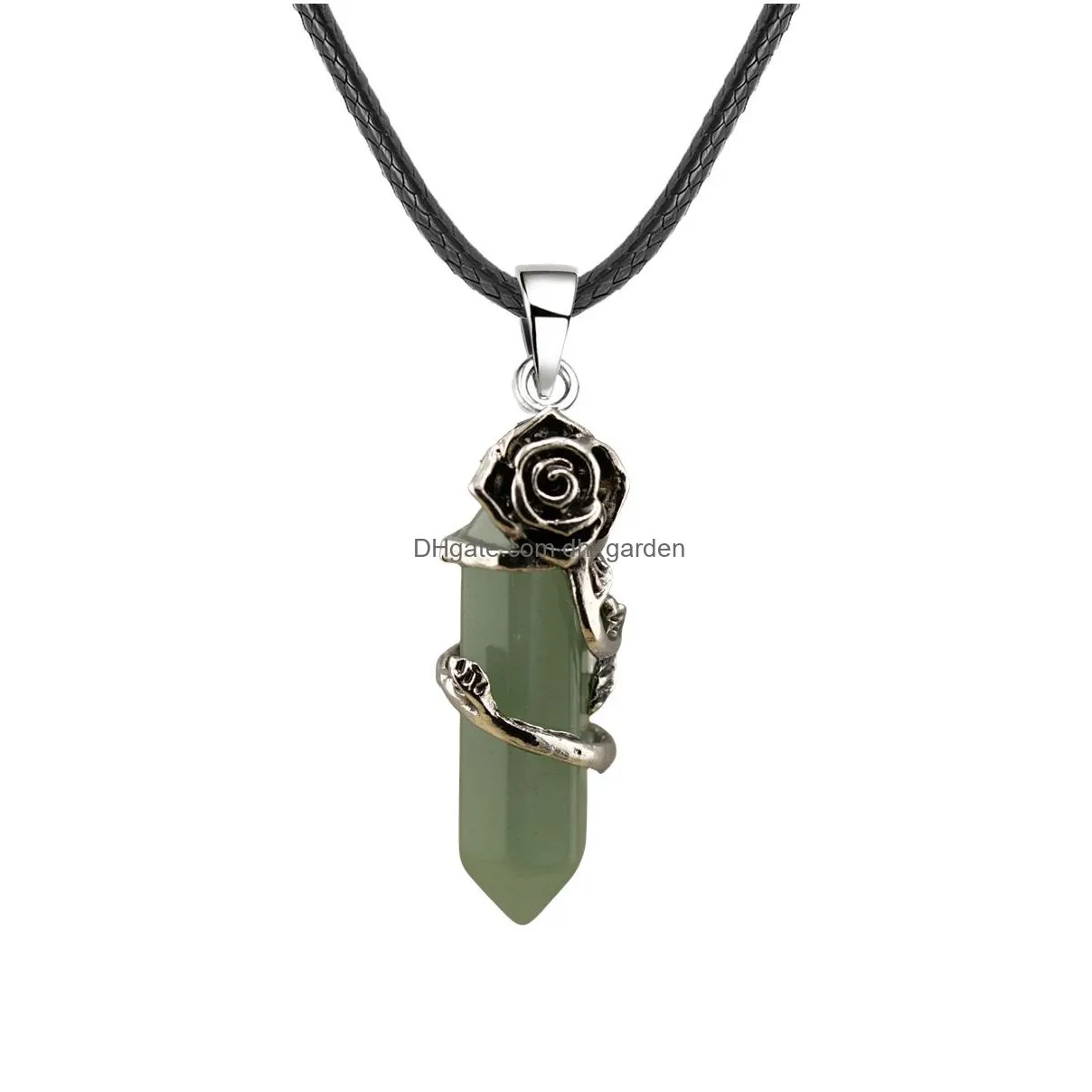 natural stone valentine`s day gift rose wrapped crystal double pointed hexagonal cone necklace women men jewelry