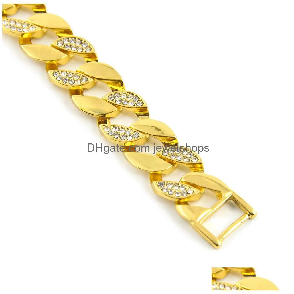 hip hop jewelry men`s iced out bracelets luxury simulated half diamond bangles gold filled  cuban link chain for mens fashion