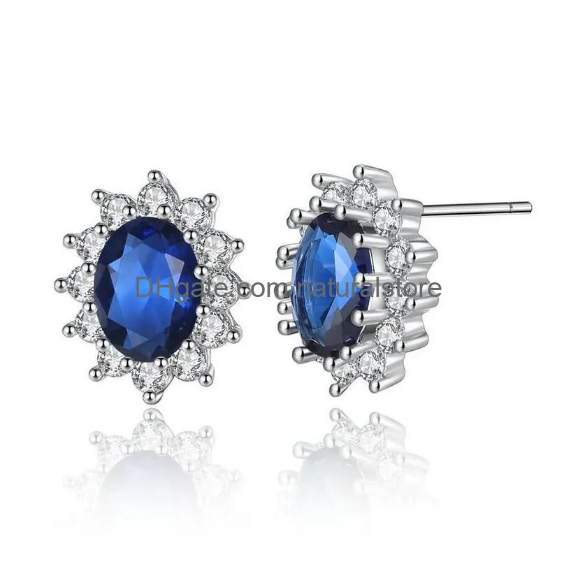 fashion blue crystal stone wedding earrings necklace jewelry set brides silver color suit for women