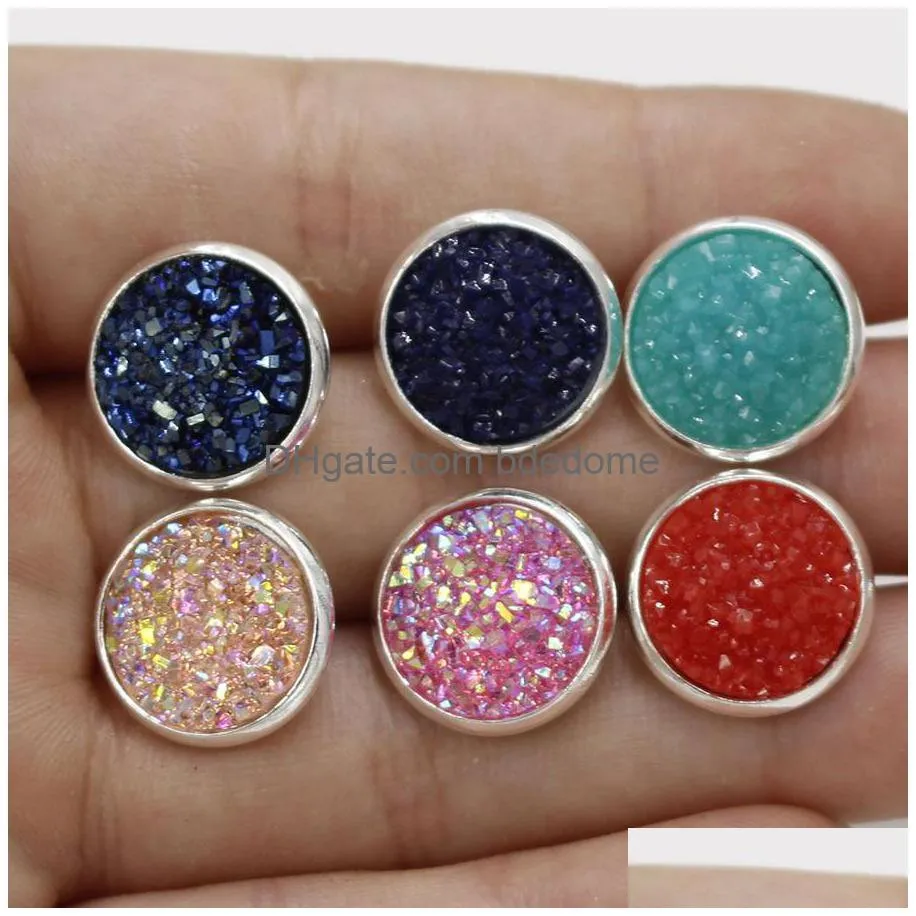 hot 12mm round druzy stone stud earrings 30 color resin gold silver stainless steel hypoallergenic ear pin for women fashion jewelry in