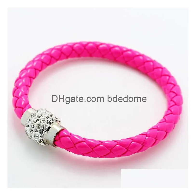 2016 new braided bracelets pu leather magnetic button bracelet cz disco crystal bead bangle multicolor handcraft gift