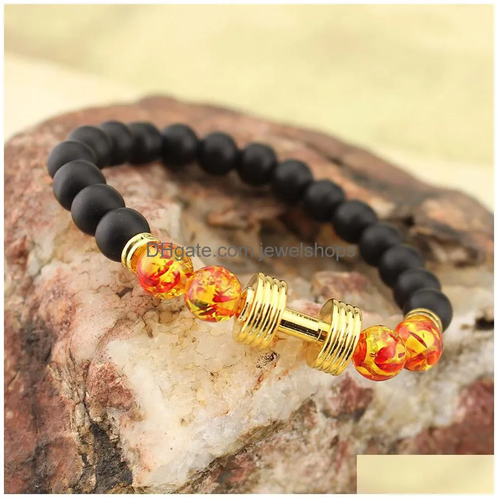 new arrival lava rock beads bracelets with gold dumbbell amber lampwork glass beads stretch bangle for women&men fashion jewelry