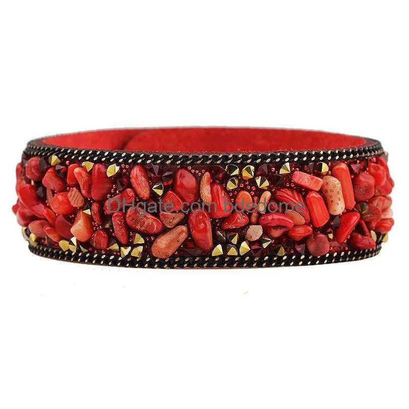 korean gravel velvet bangle multi color natural crystal stone wide leather wristbands bracelets for women female fashion jewelry hot