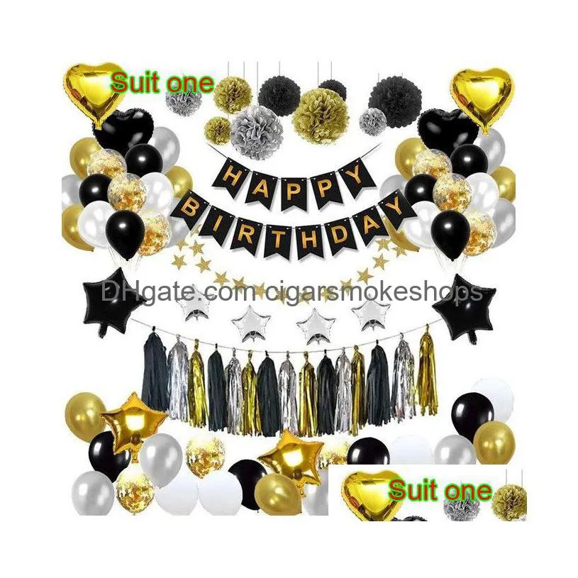 partymate birthday decoration kit - black gold balloons, pull flag, tassels, paper flowers, and more!